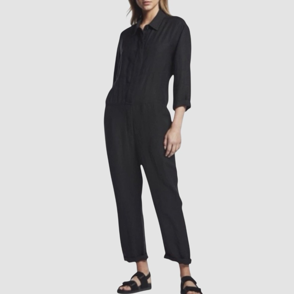 James Perse Black Linen Viscose Utility Coverall Jumpsuit Sz 1 Minimalist